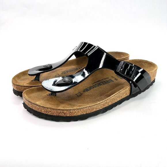 Birkenstock Gizeh Birko-Flor Cork Thong Sandal Women 38 US 7 Patent Black Narrow - Picture 4 of 13